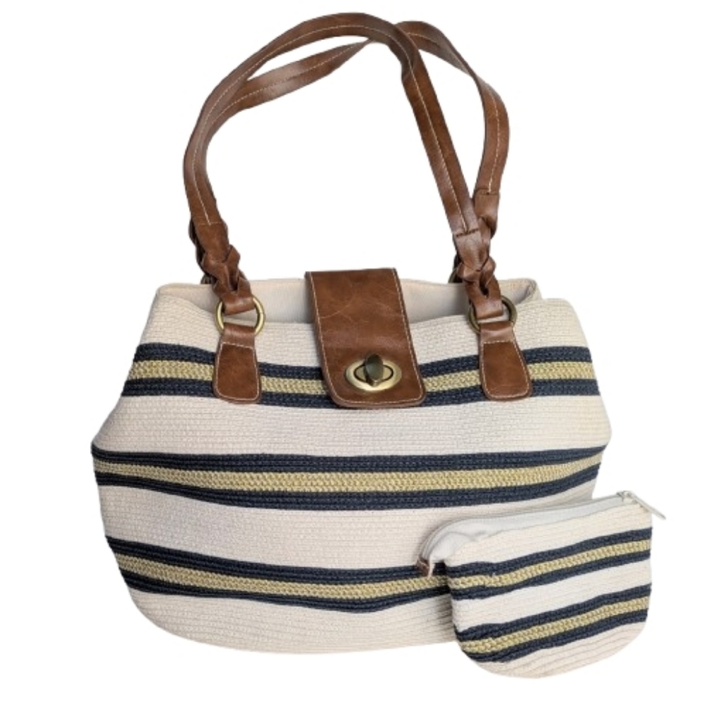 Nautical Preppy Navy Blue White Gold Shoulder Bag Turn Lock Closure